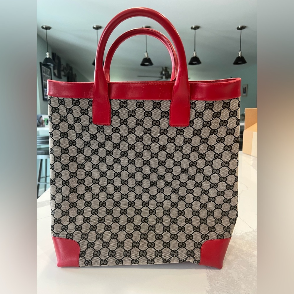 Vintage Gucci GG Monogram Canvas Tote with Red Leather Trim | 002-1121 1669